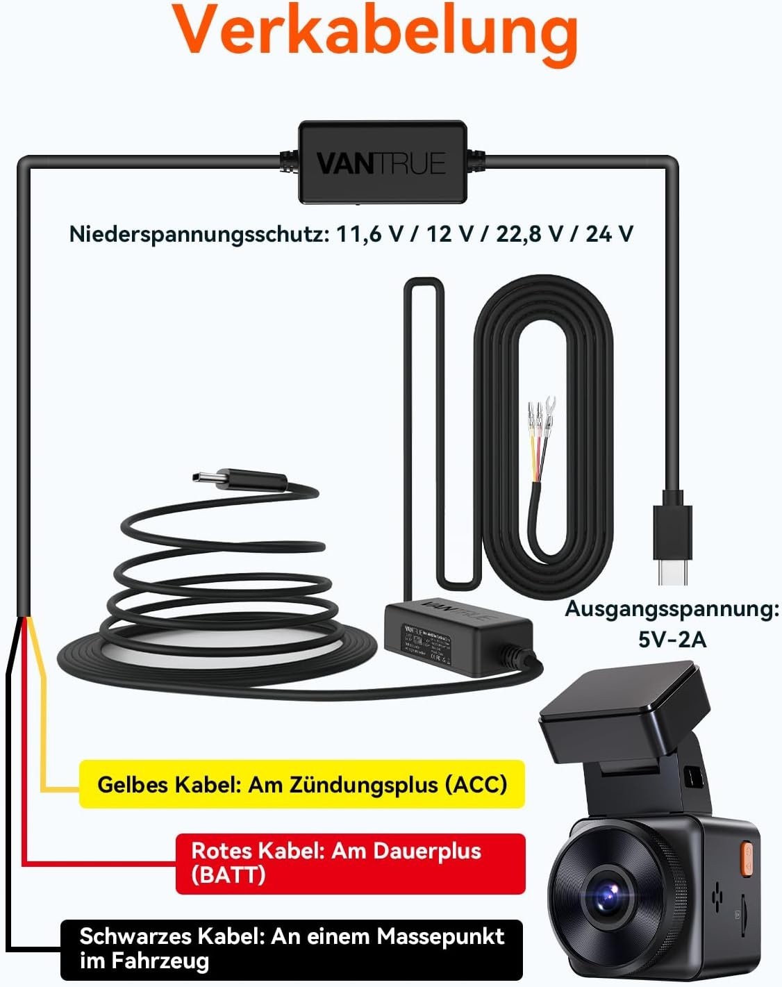 VANTRUE USB-C Hardwire Kit Mit 2 Stufen Und Acc Kabel Für N Serie/E Serie/S1Pro/