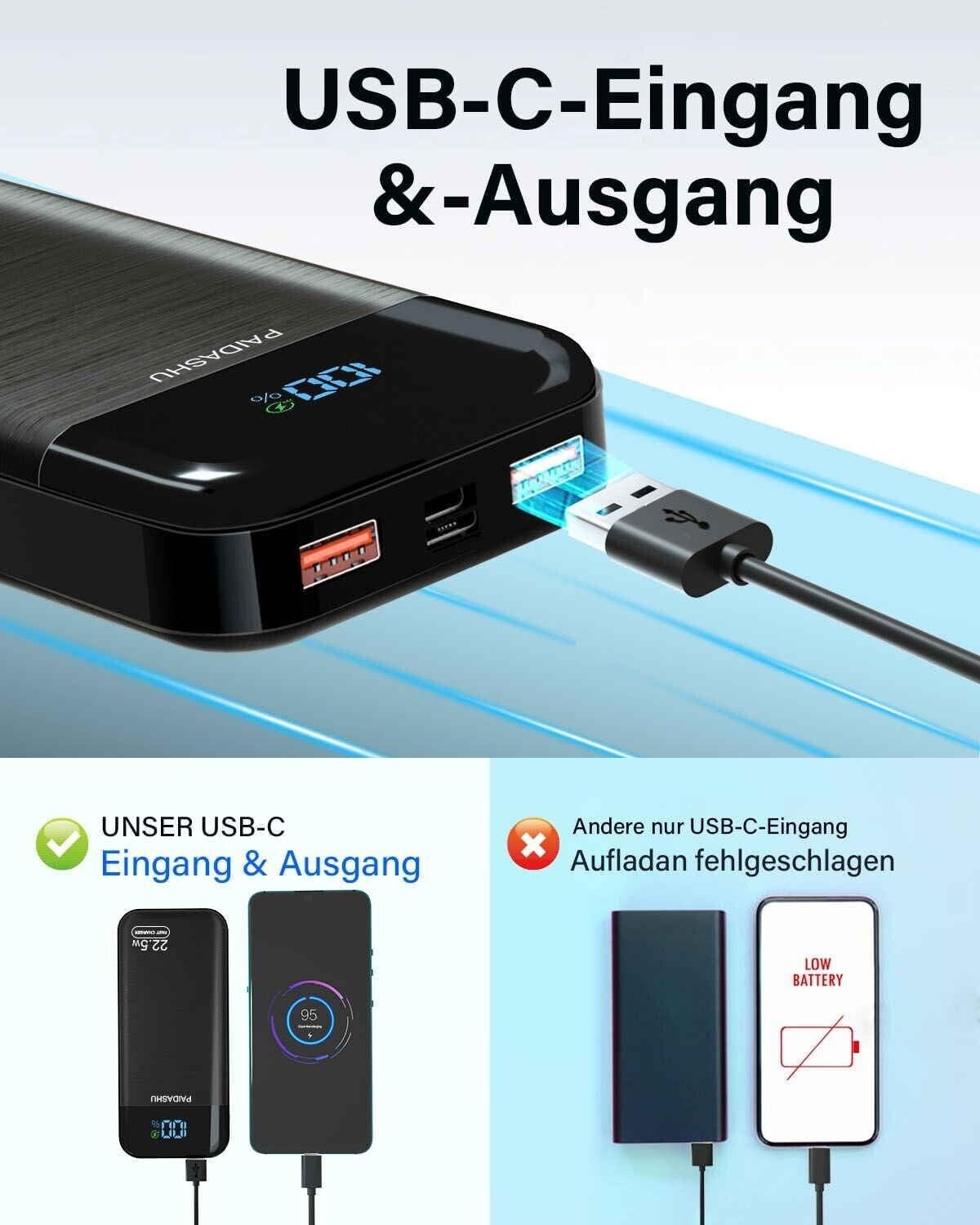 Power Bank 27.000 mAh, 22,5W Externer Handyakku Schnellladend USB-C 3 Ausgängen