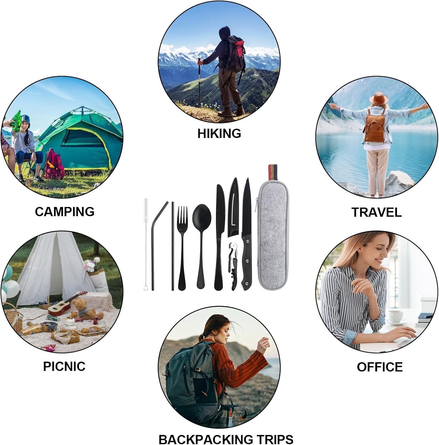 Reisebesteck Camping Besteck to Go, 9-Teilig Edelstahl Besteck Mit Bestecktasche