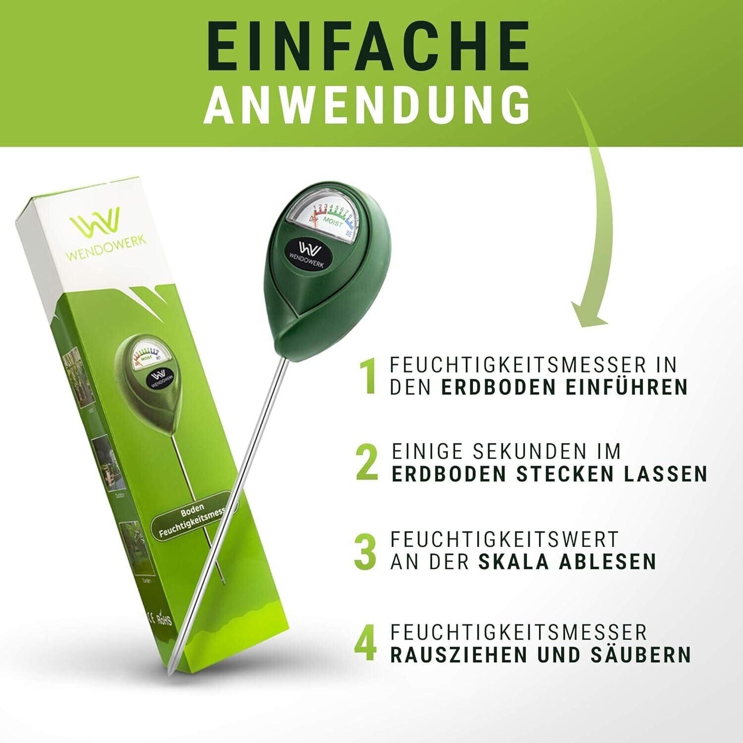 Wendowerk® Boden Feuchtigkeitsmesser für Pflanzen - [GrünSchwarz] - Ohne Batteri