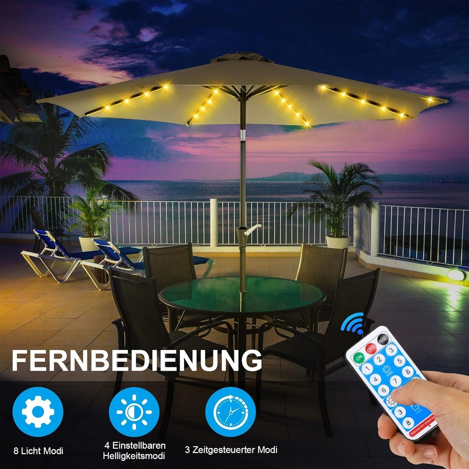 Sonnenschirm Beleuchtung Solar,Regenschirm Lichterkette mit 104 LEDs Lichter