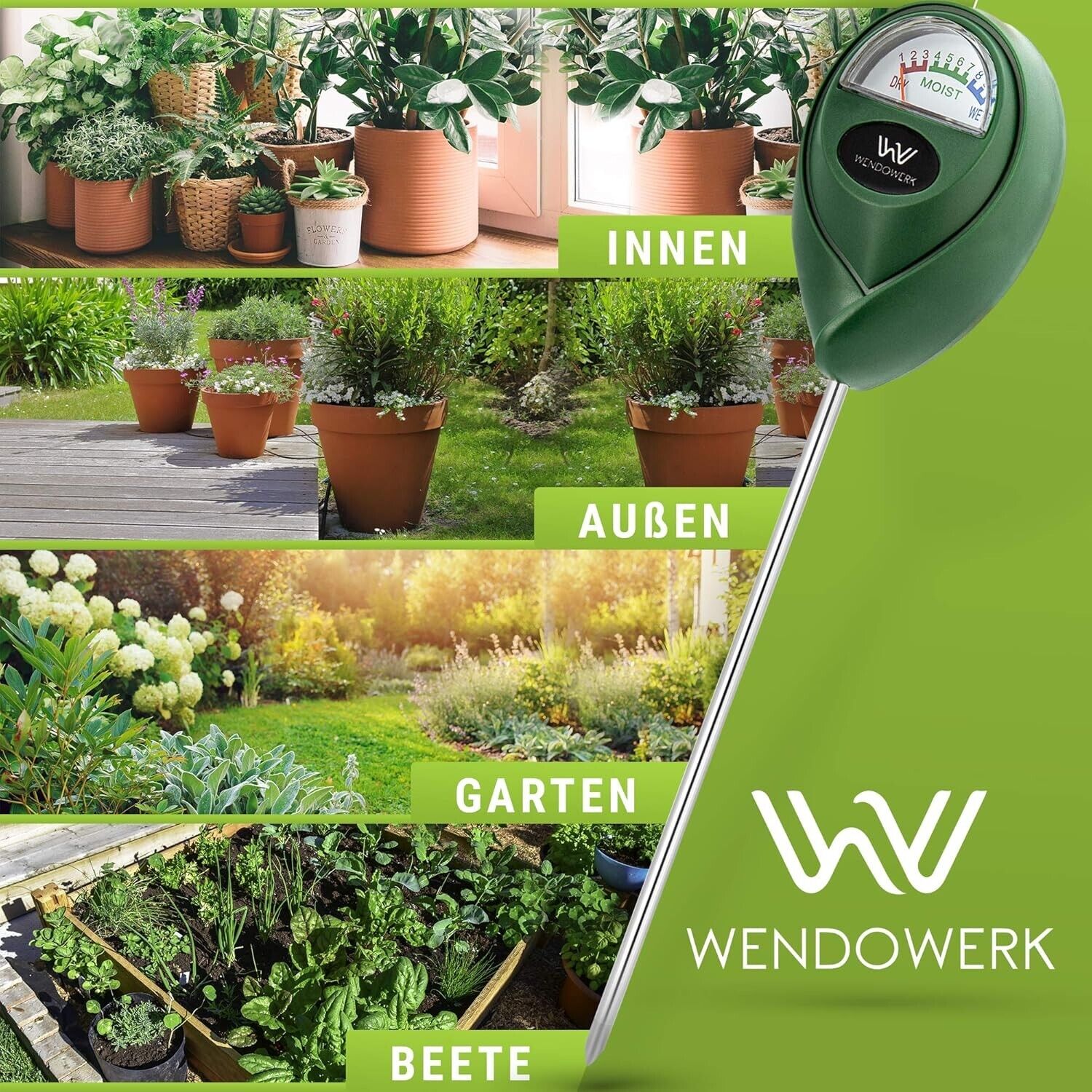 Wendowerk® Boden Feuchtigkeitsmesser für Pflanzen - [GrünSchwarz] - Ohne Batteri