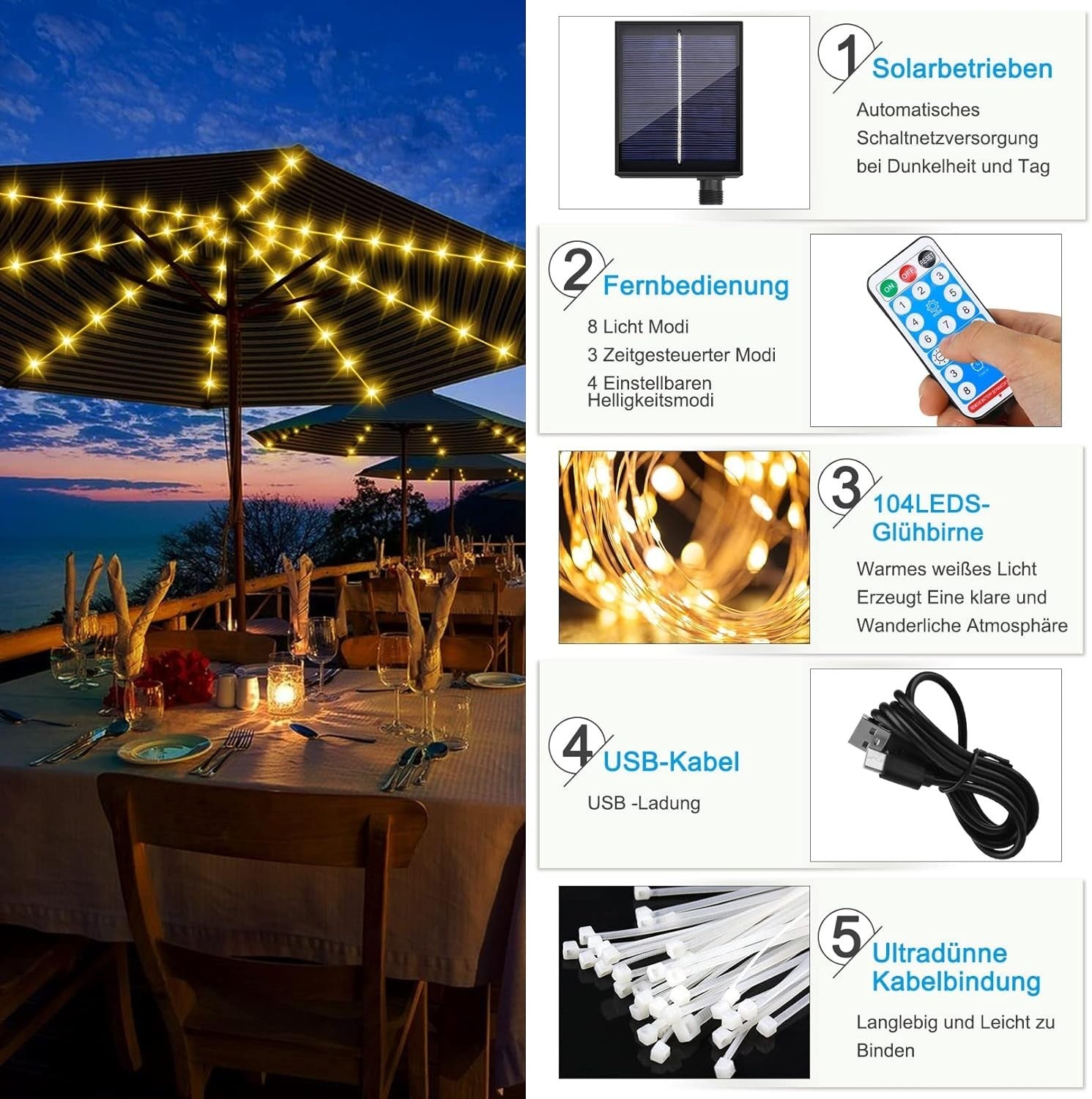 Sonnenschirm Beleuchtung Solar,Regenschirm Lichterkette mit 104 LEDs Lichter