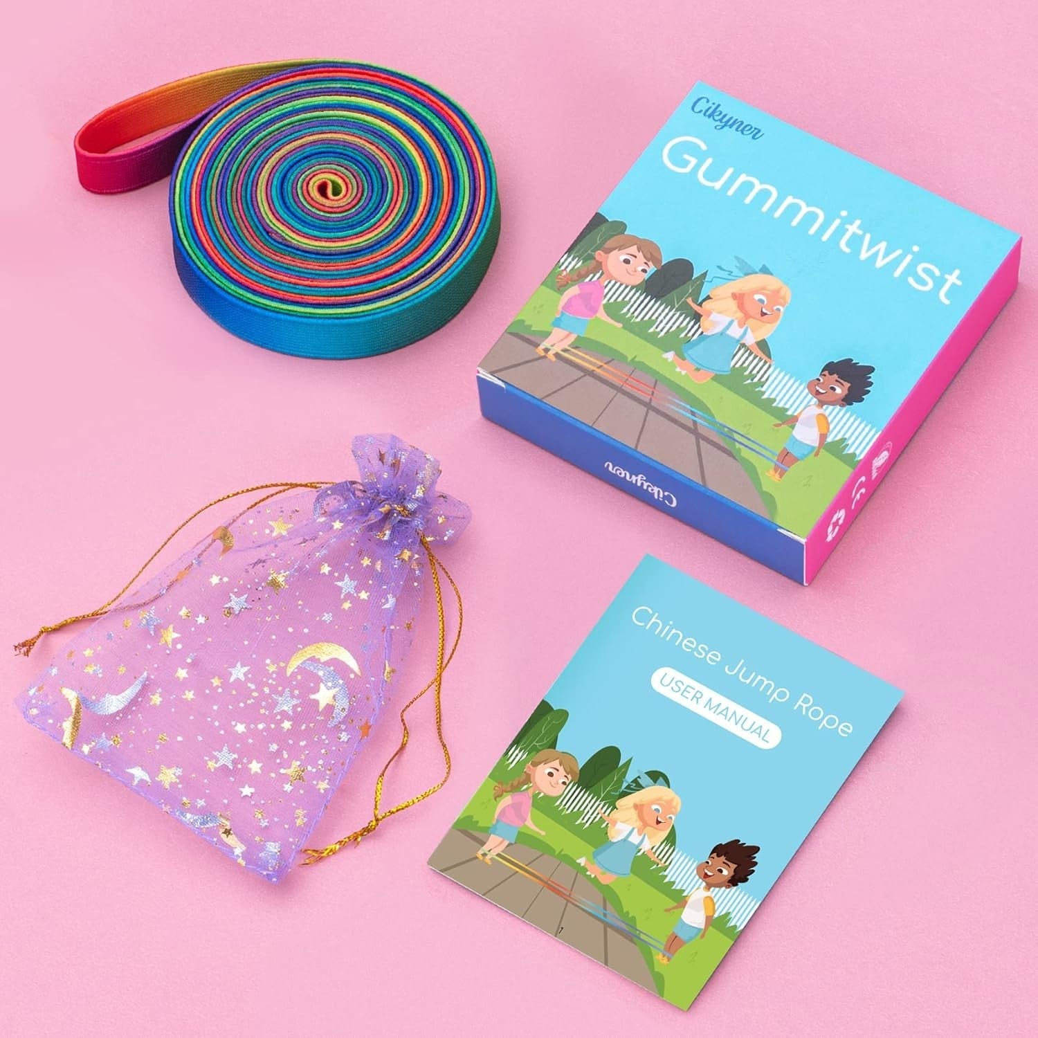 Cikyner Gummitwist Kinder Set，Hüpfgummi 4M Lang 1.5Cm Weit Gummi Twist Mit Anlei