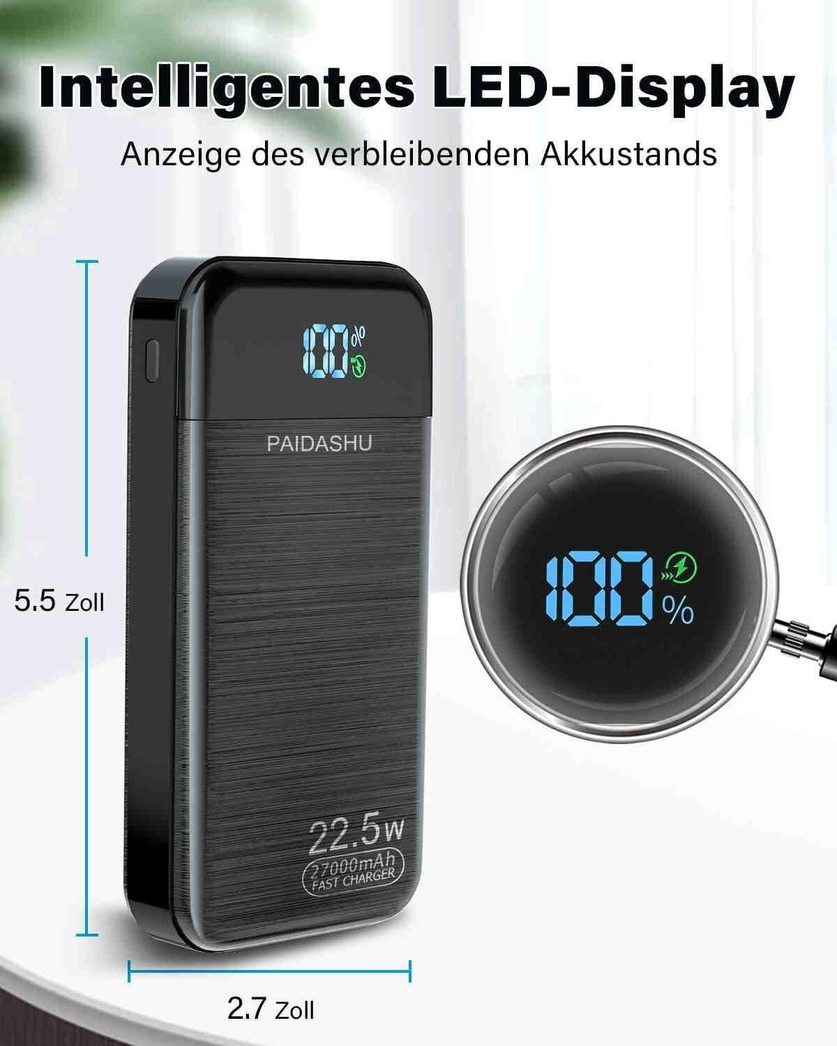 Power Bank 27.000 mAh, 22,5W Externer Handyakku Schnellladend USB-C 3 Ausgängen