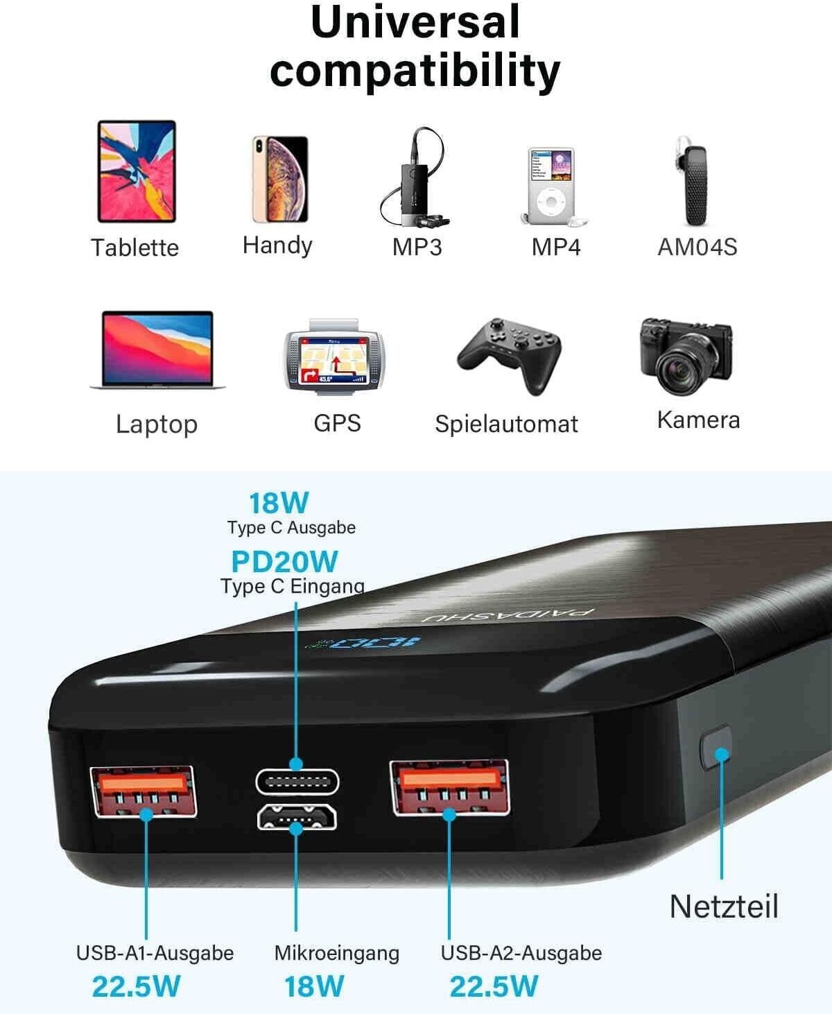 Power Bank 27.000 mAh, 22,5W Externer Handyakku Schnellladend USB-C 3 Ausgängen