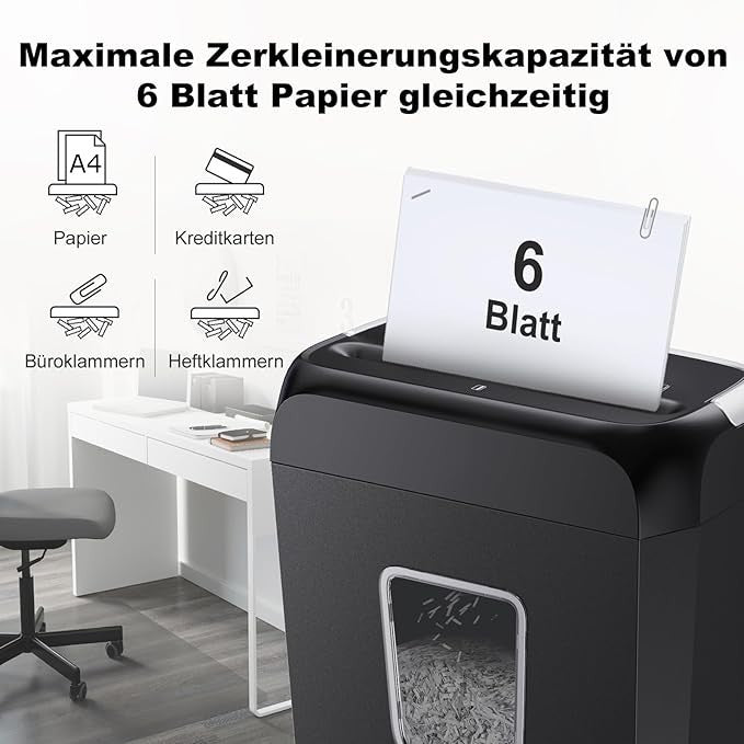 Schreddert 6 Blätter auf Einmal, Vernichtet Kreditkarten und Büroklammern, Papie
