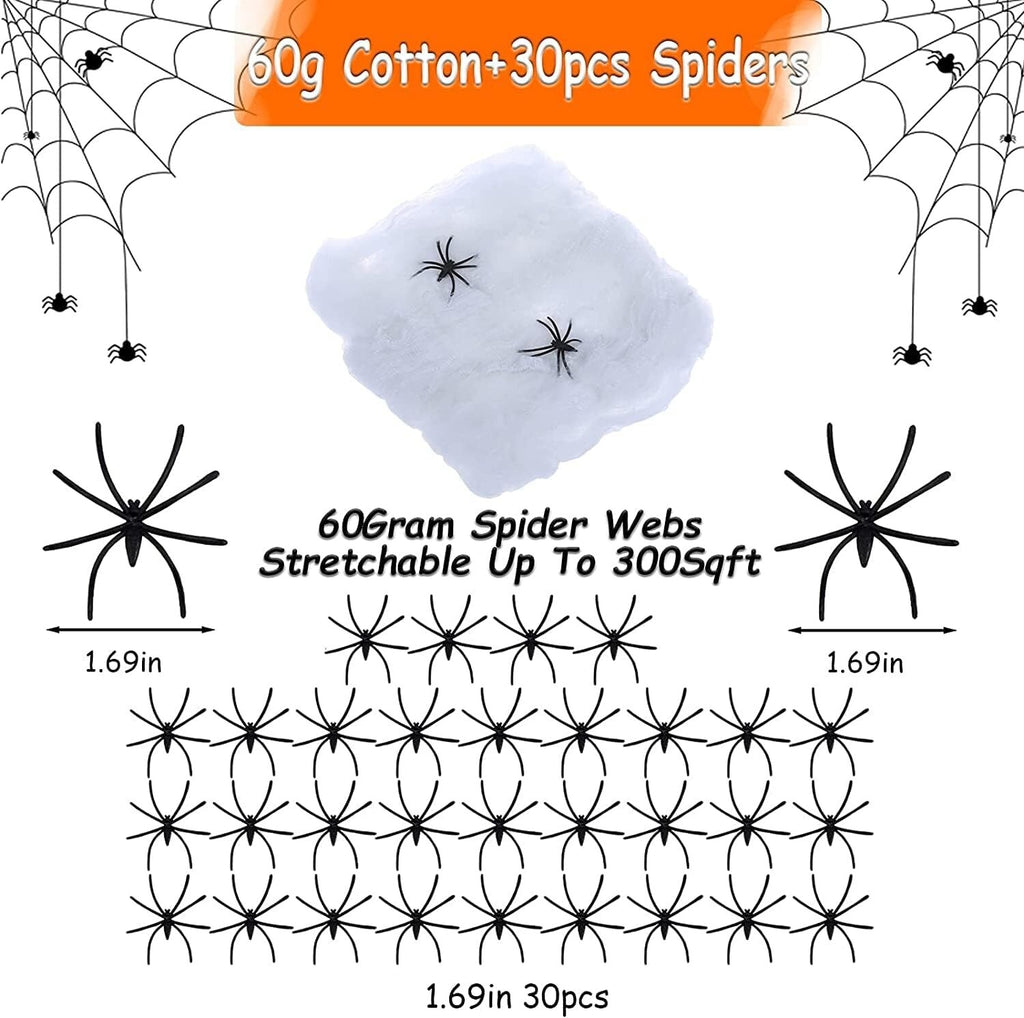 Halloween Deko Spinnennetzt 60g / ca. 25qm mit 30 Stück 4cm Horrorspinnen