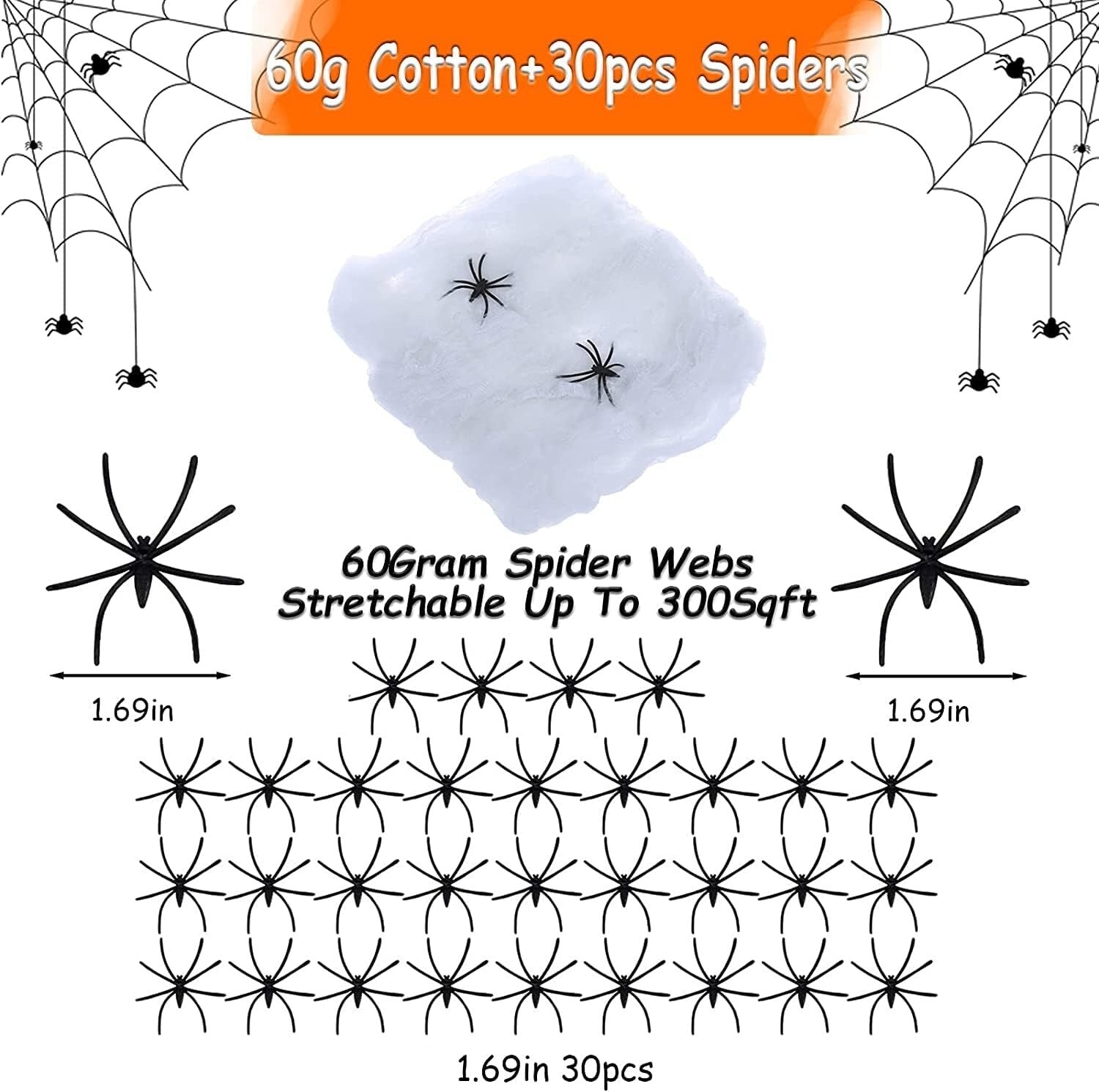 Halloween Deko Spinnennetzt 60g / ca. 25qm mit 30 Stück 4cm Horrorspinnen