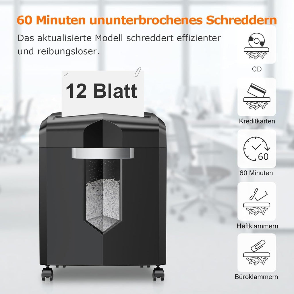 12 Blatt Partikelschnitt P4 Aktenvernichter Läuft 60 Min Schredder Mikroschnitt