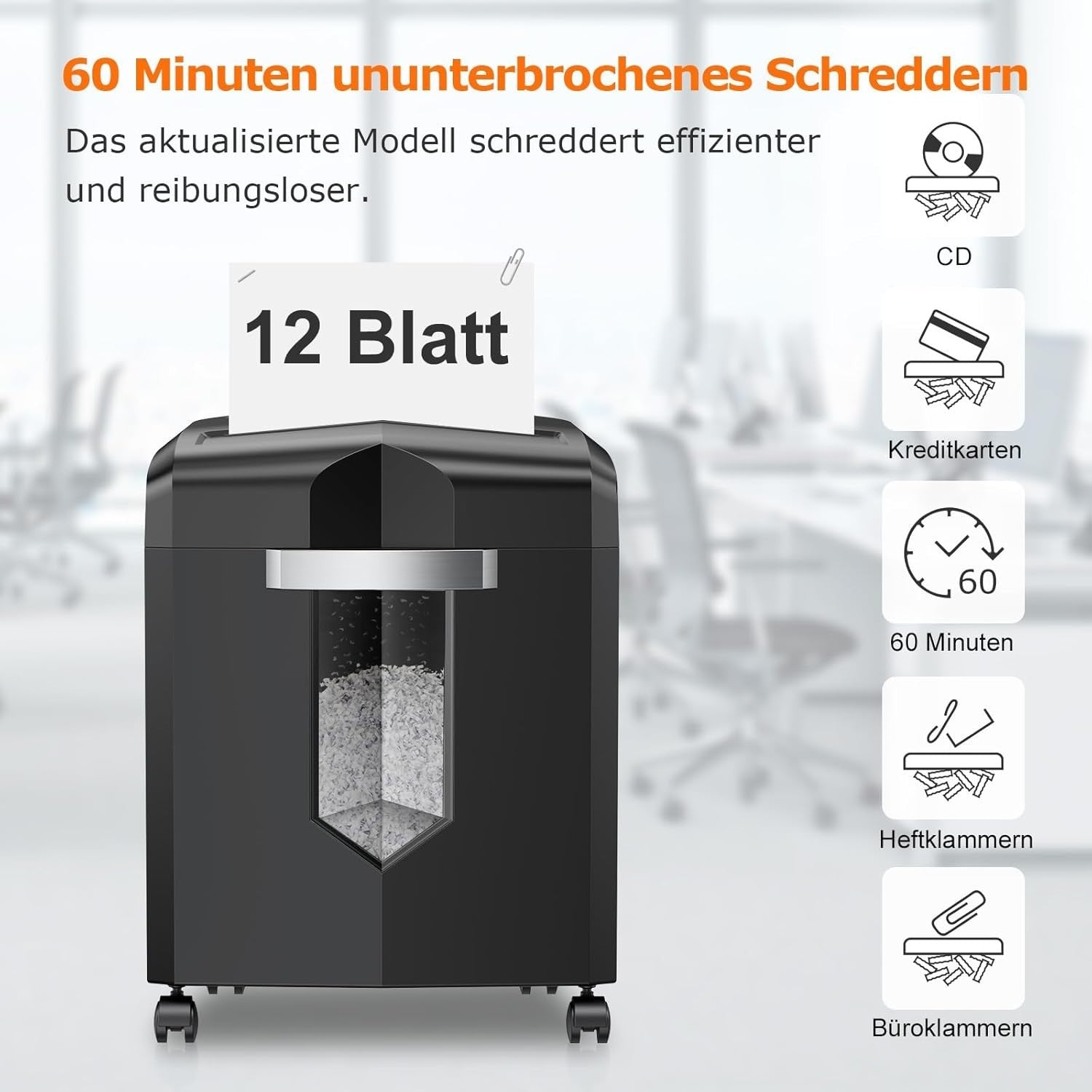 12 Blatt Partikelschnitt P4 Aktenvernichter Läuft 60 Min Schredder Mikroschnitt