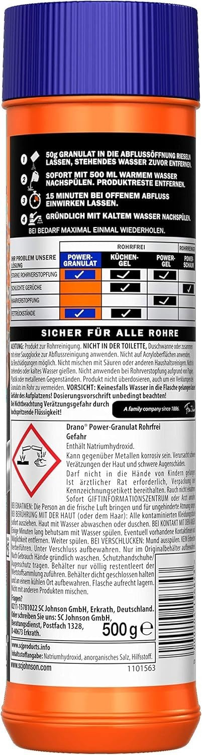 Drano Extra Stark, Power-Granulat Rohrfrei Abflussreiniger, 500g