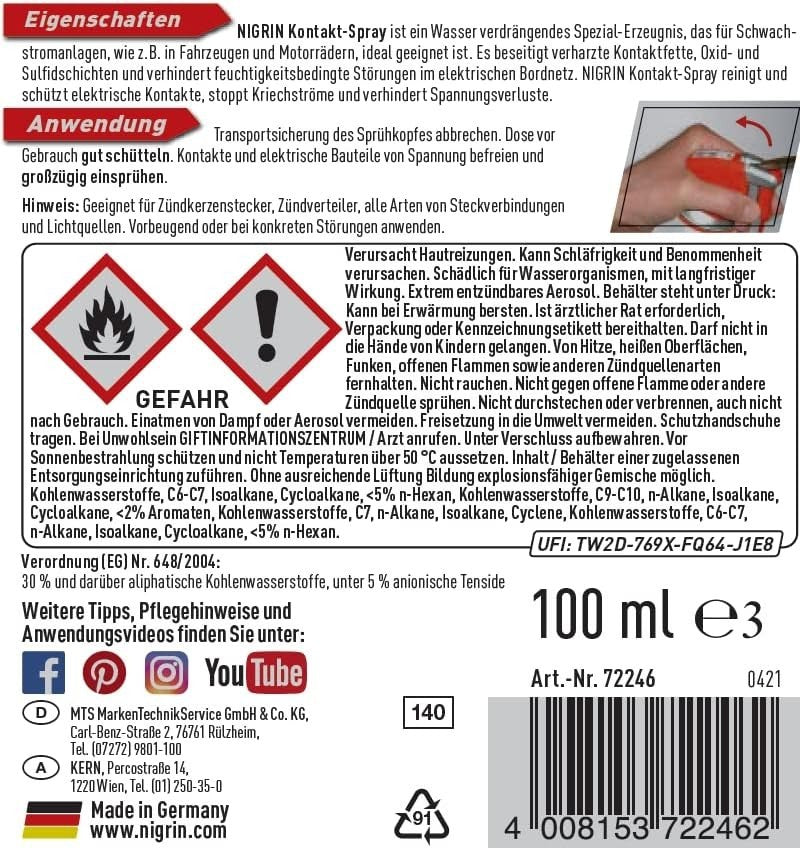NIGRIN Kontakt-Spray für Elektronik, zur Reinigung und Schutz von elektronischen