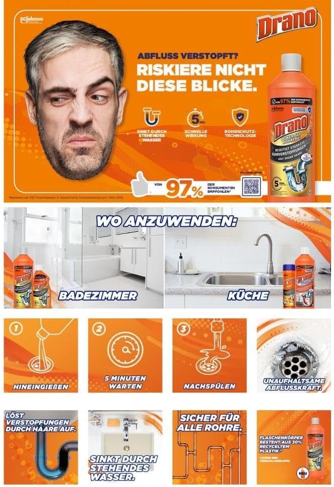 Drano Power Gel Rohrfrei Abflussreiniger Rohrreiniger Küche Bad 3er Pack 3 x 1 L