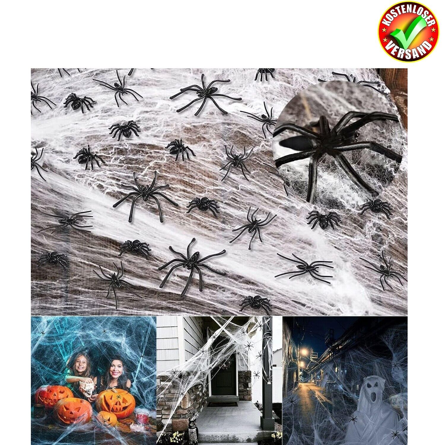 Halloween Deko Spinnennetzt 60g / ca. 25qm mit 30 Stück 4cm Horrorspinnen