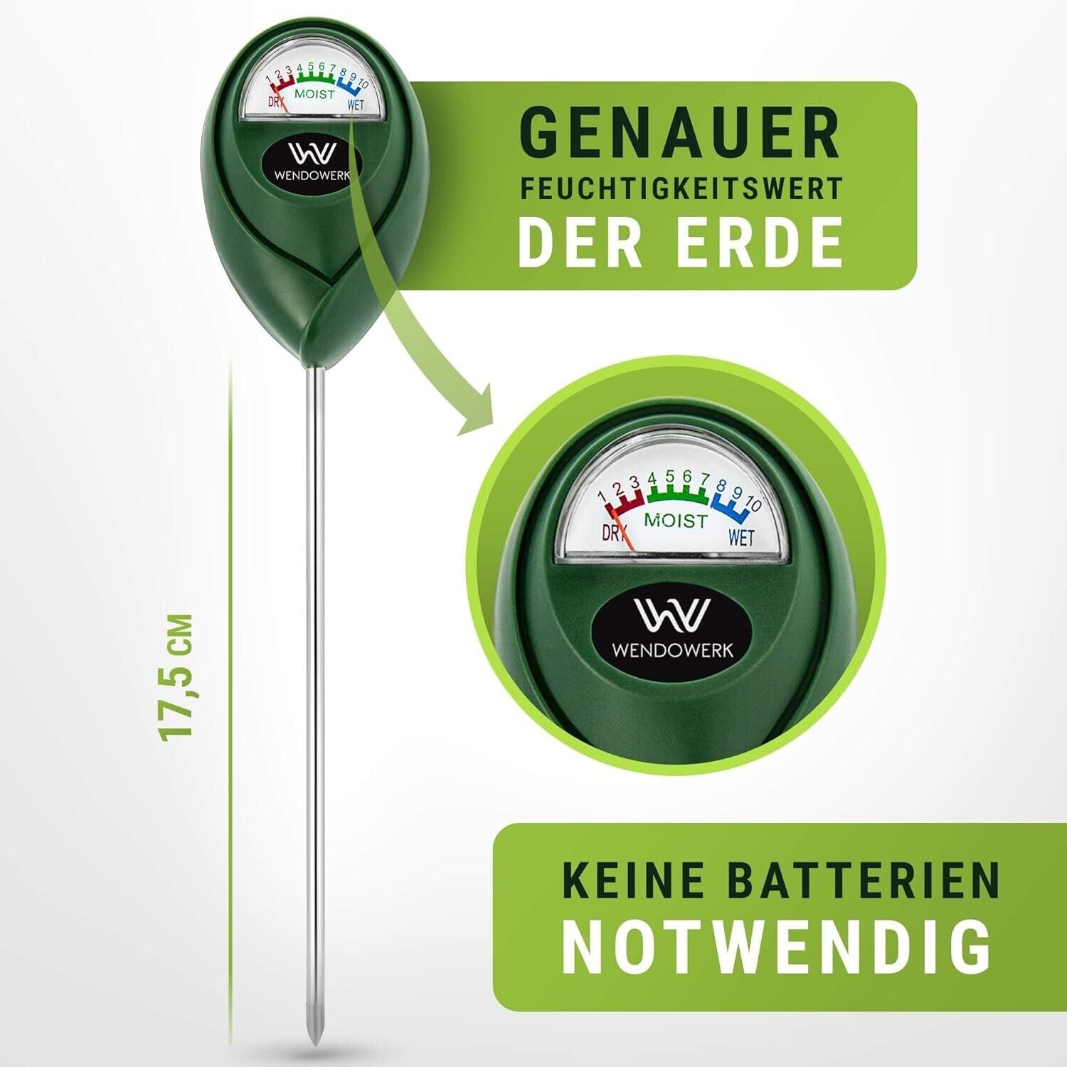 Wendowerk® Boden Feuchtigkeitsmesser für Pflanzen - [GrünSchwarz] - Ohne Batteri