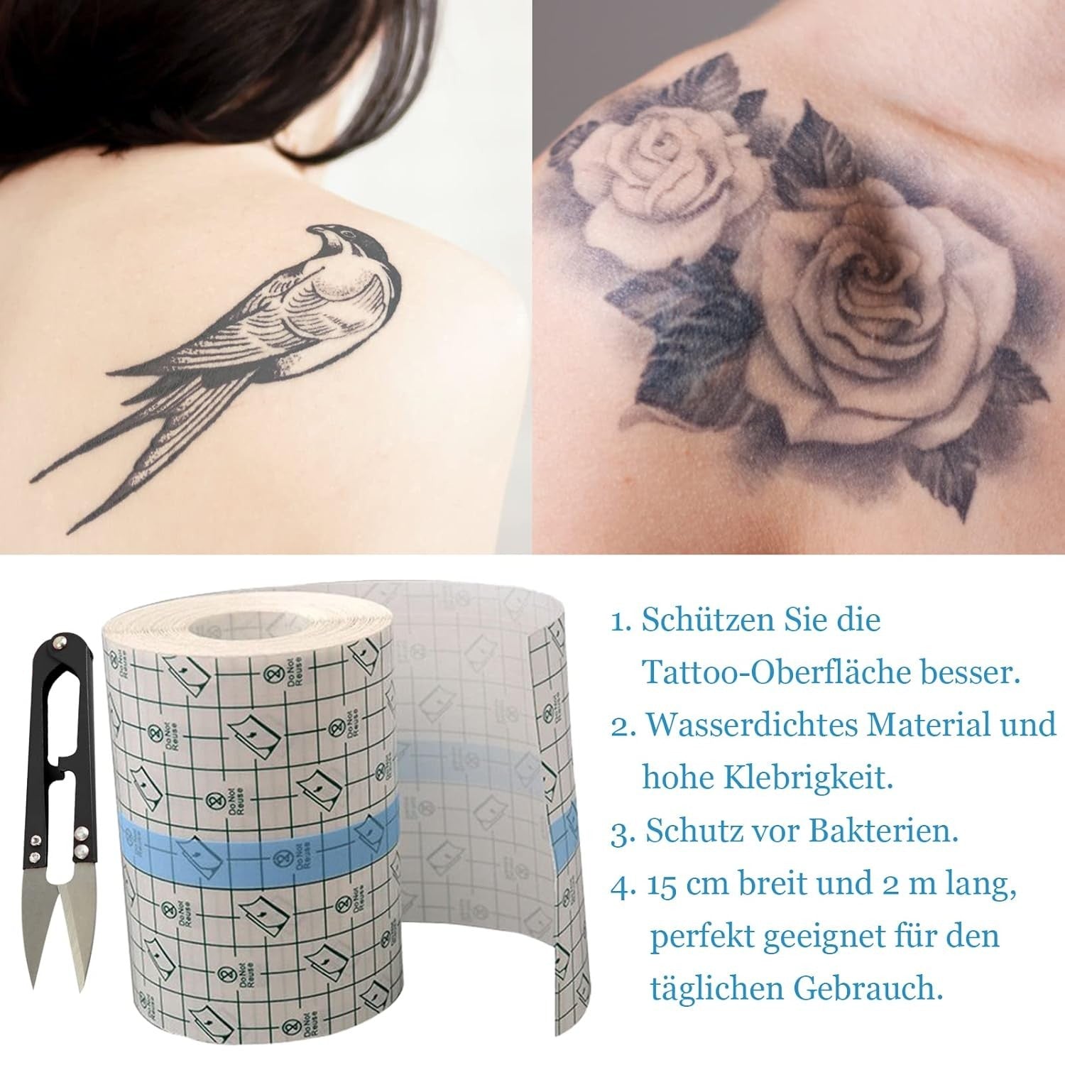 2 Rollen Tattoo Folie Transparent Tattoo Zubehör Wasserdicht 15CM* 2M Klebsto...