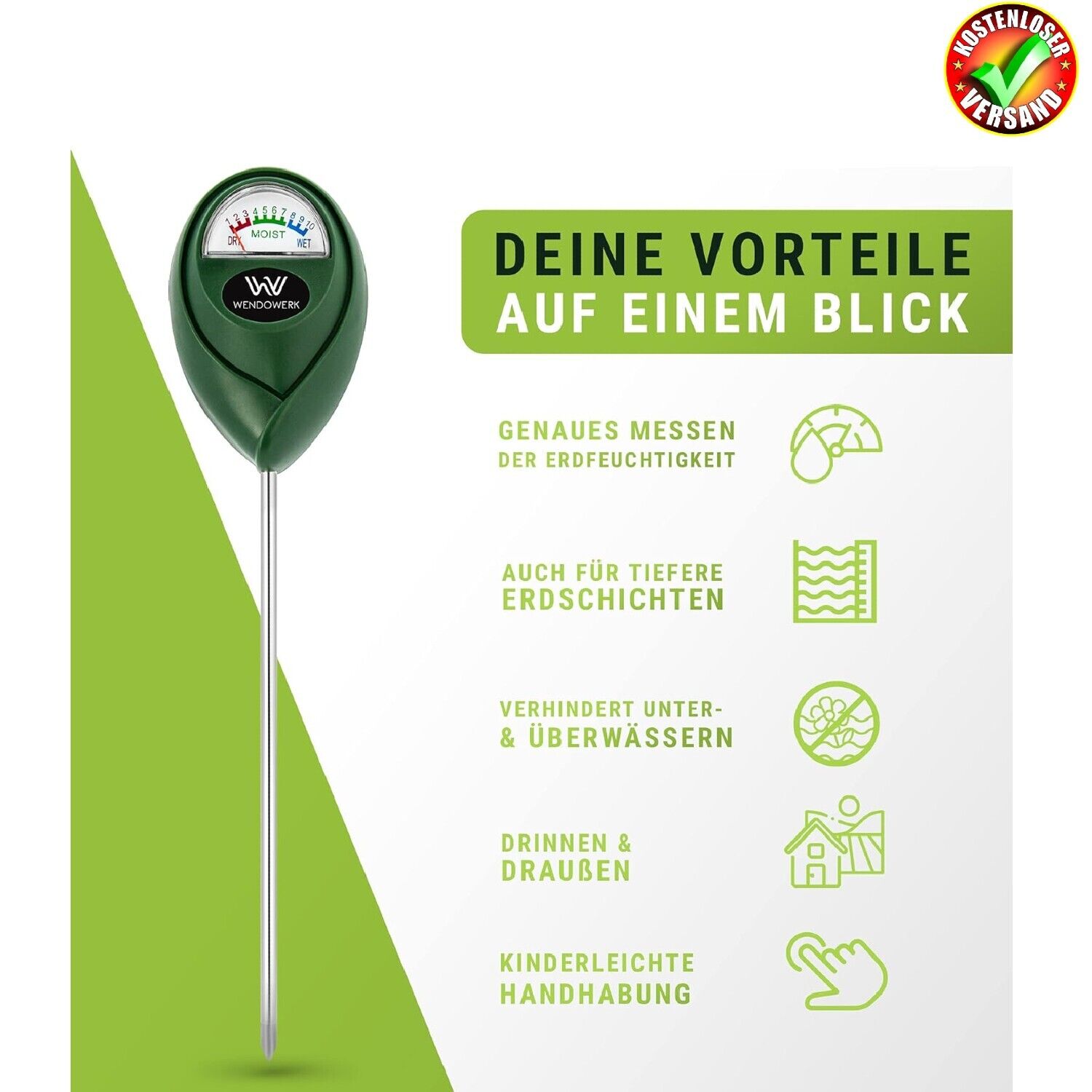Wendowerk® Boden Feuchtigkeitsmesser für Pflanzen - [GrünSchwarz] - Ohne Batteri
