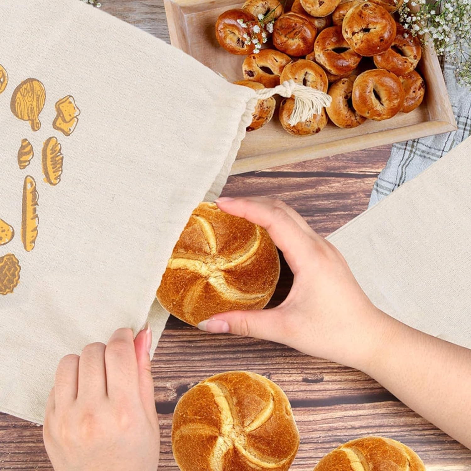 2 Stück Leinen Brotbeutel Aufbewahrung Frischhalten Mit Kordelzug,Wiederverwendb
